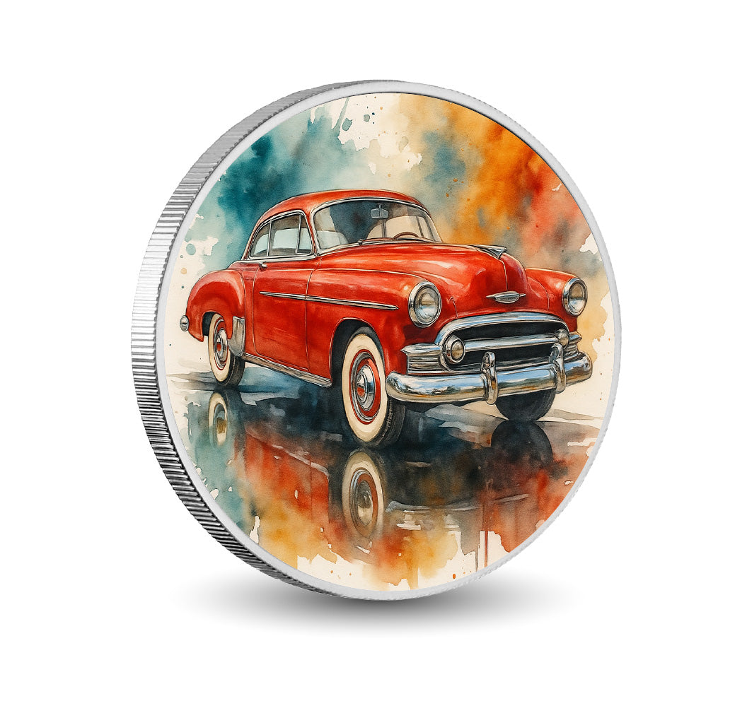 Pièce de monnaie de 1 oz en argent fin coloré « Classique cramoisi : une flambée vintage »