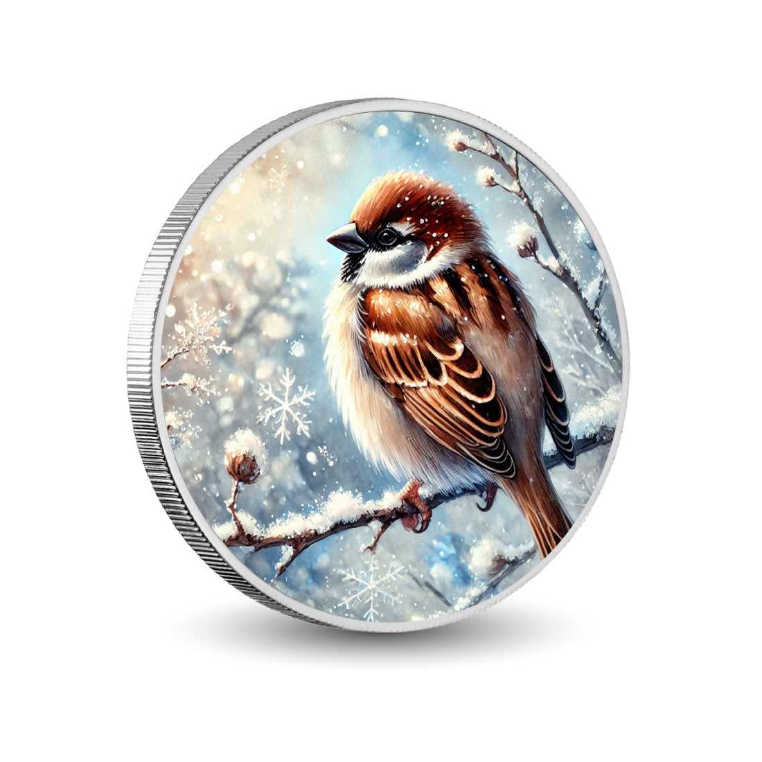 Winter's Embrace: Sparrow in the Snow 1oz Silver Coin