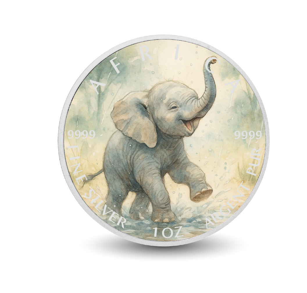 Raindrop Romp - Little Elephant's Delight 1oz Fine Silver Coloured Coin