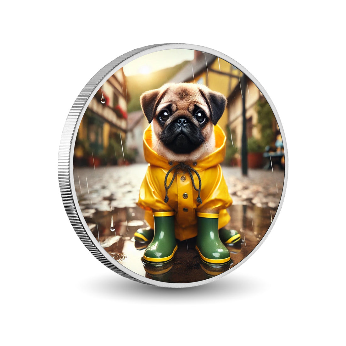 Puddle-Ready Pug 1oz Silver Coloured Coin
