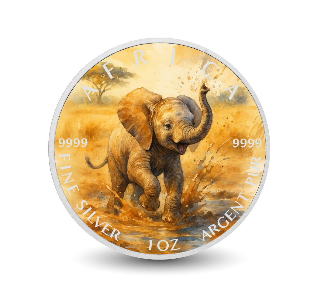 Joyful Splash - Little Elephant of Africa 1oz Fine Silver Coloured Coin