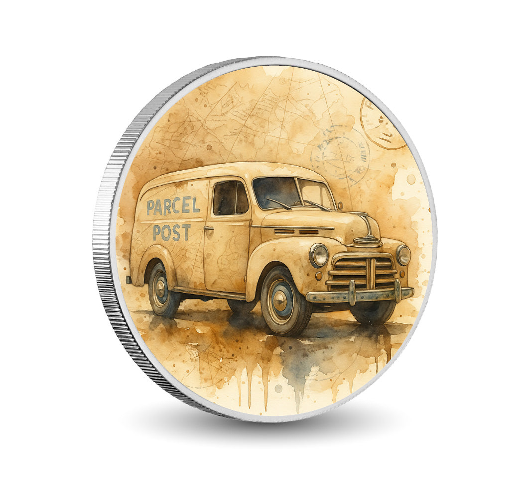 Pièce de monnaie de 1 oz en argent fin coloré « Livraison intemporelle : le courrier postal en mouvement »