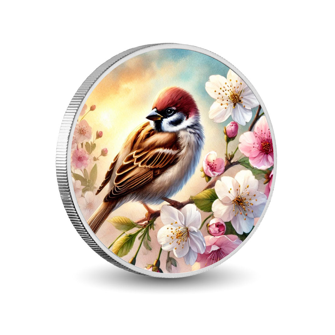 Sérénité printanière : moineau parmi les fleurs, pièce en argent de 1oz