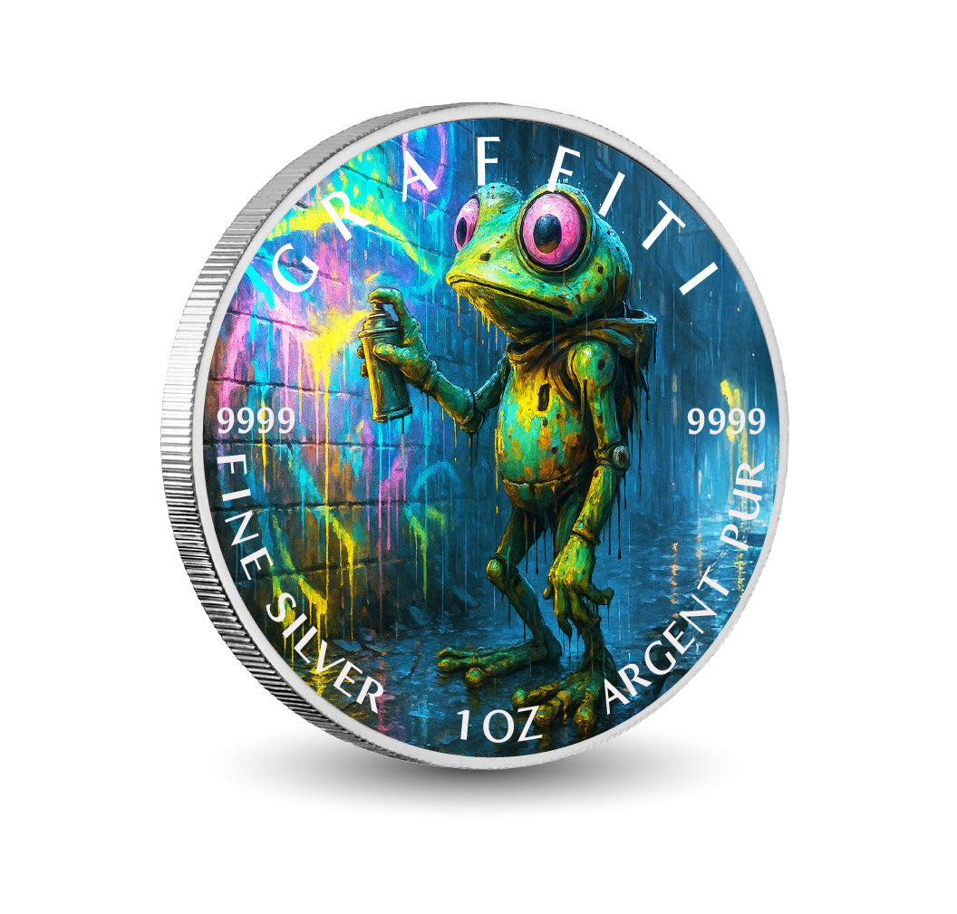 Pièce de monnaie de 1 oz en argent fin coloré « Sauteur néon : le graffeur des murs »