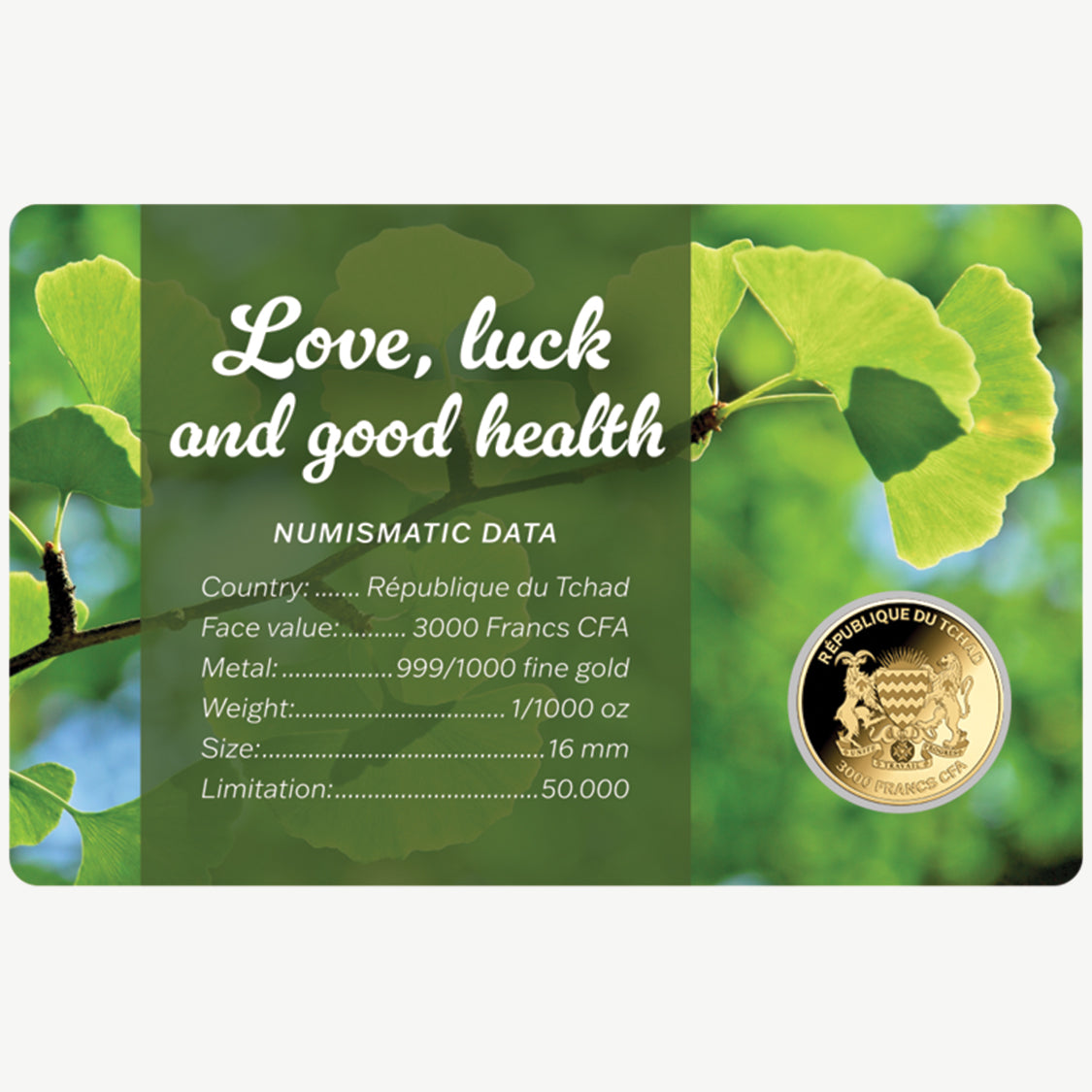 Ginkgo biloba Moneta in oro fino 999 da 1/1000 oz in confezione con cartoncino