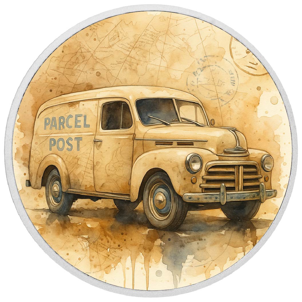 Pièce de monnaie de 1 oz en argent fin coloré « Livraison intemporelle : le courrier postal en mouvement »
