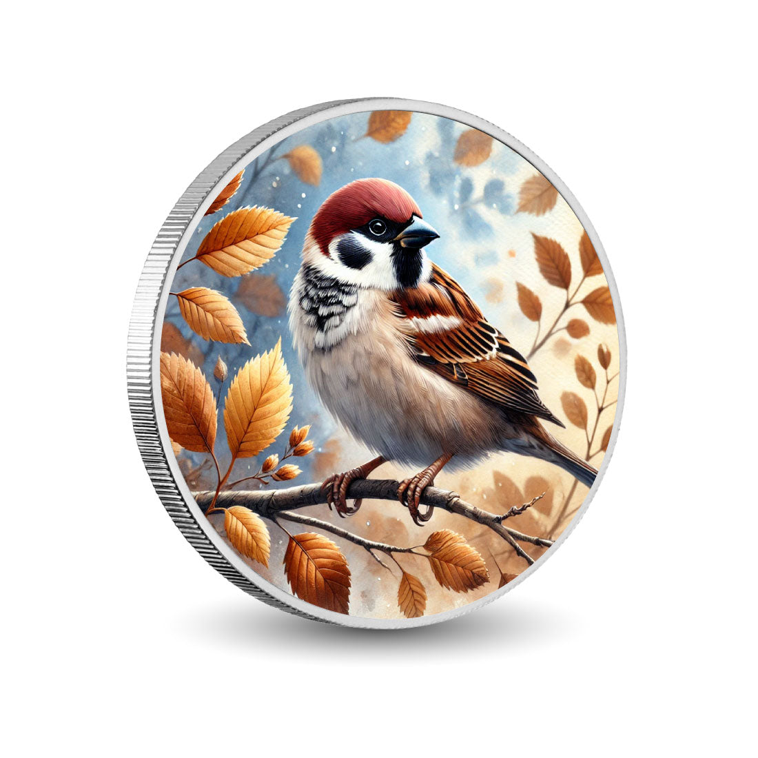 Murmure automnal : moineau parmi les feuilles dorées, pièce en argent de 1oz