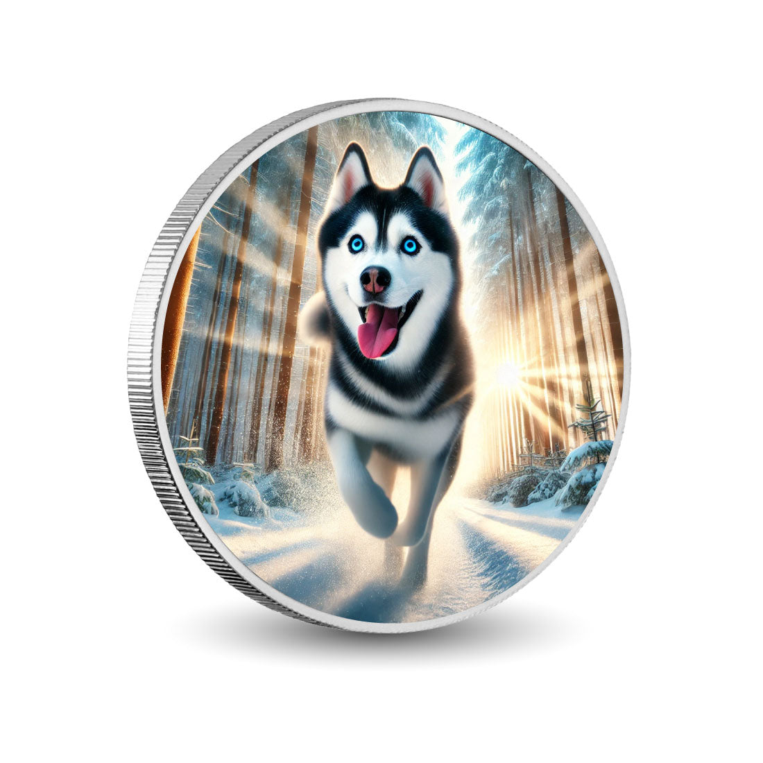 Sprint arctique : la course joyeuse du husky dans l’hiver, pièce de 1oz
