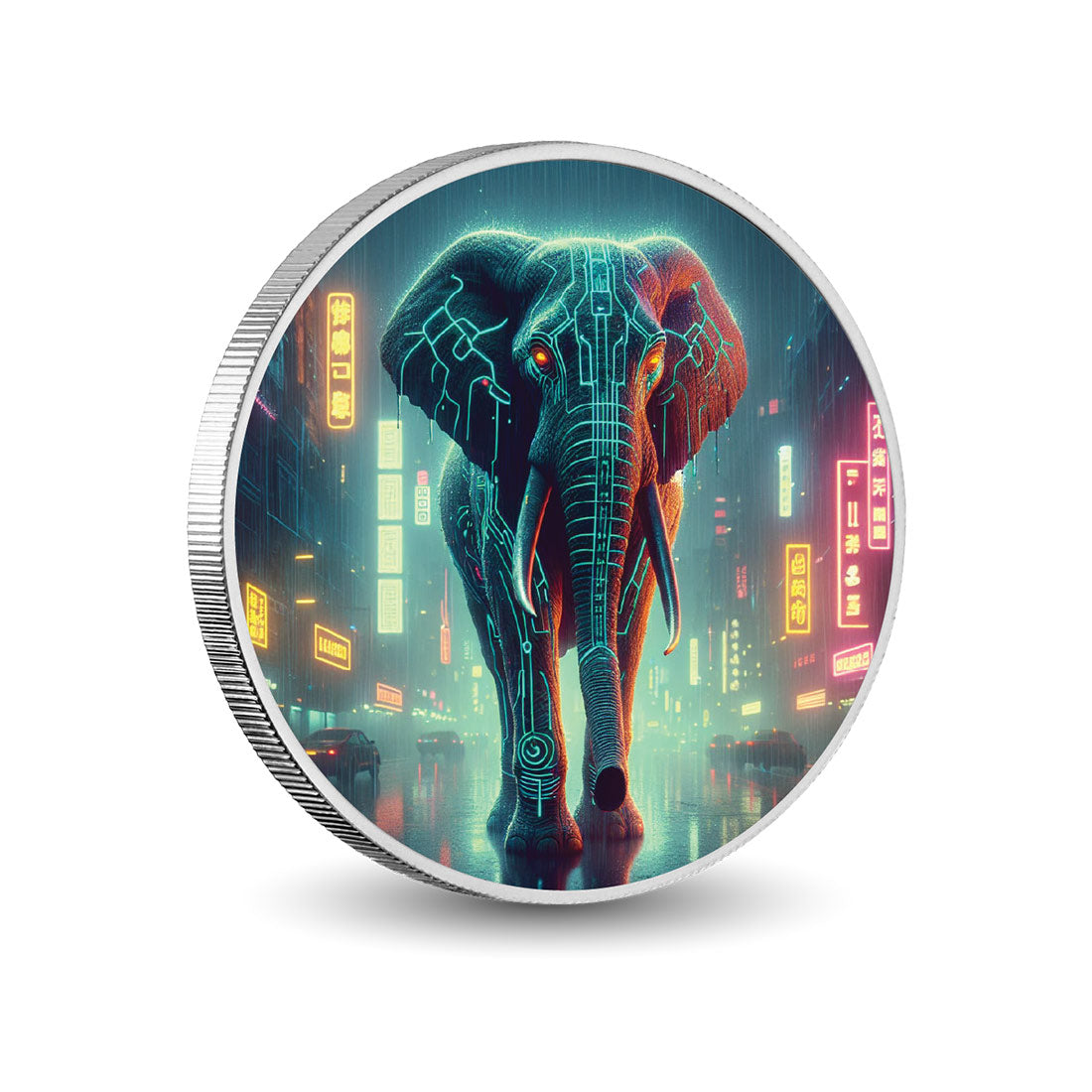 L’avenir néon : pièce colorée en argent de 1 oz « Éléphant cyberpunk »