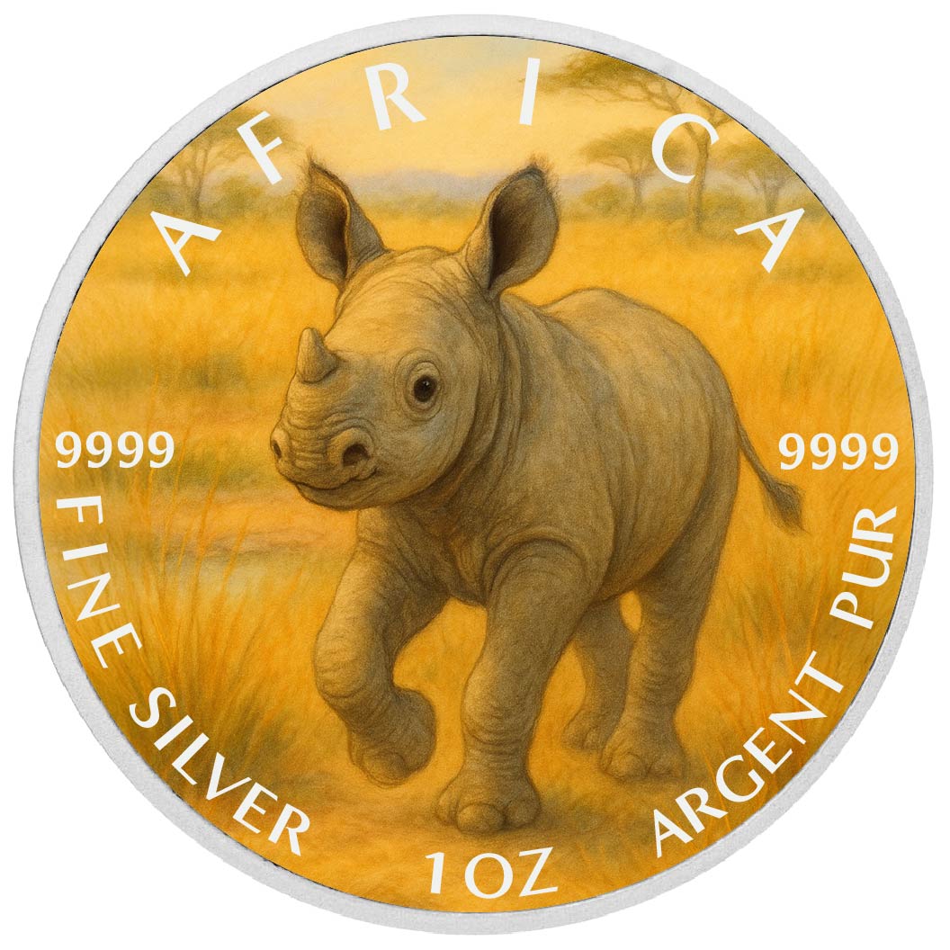 Pièce de monnaie de 1 oz en argent fin coloré « Sprint dans la savane : le petit rhinocéros joueur d’Afrique »