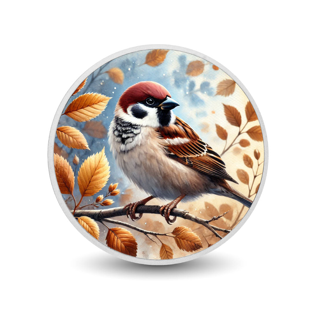 Murmure automnal : moineau parmi les feuilles dorées, pièce en argent de 1oz