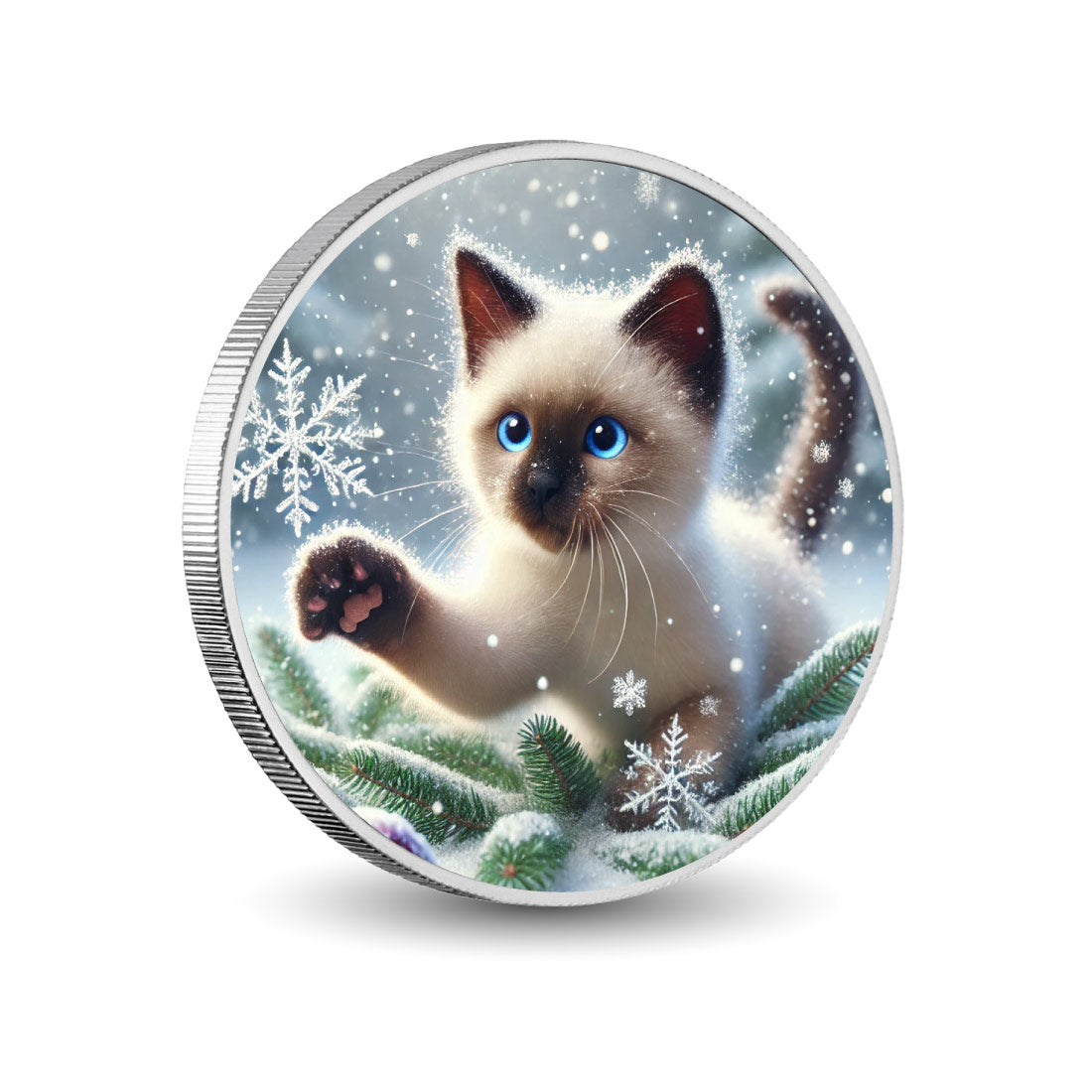 Fantaisie floconneuse : le jeu givré d’un chaton, pièce de 1 oz