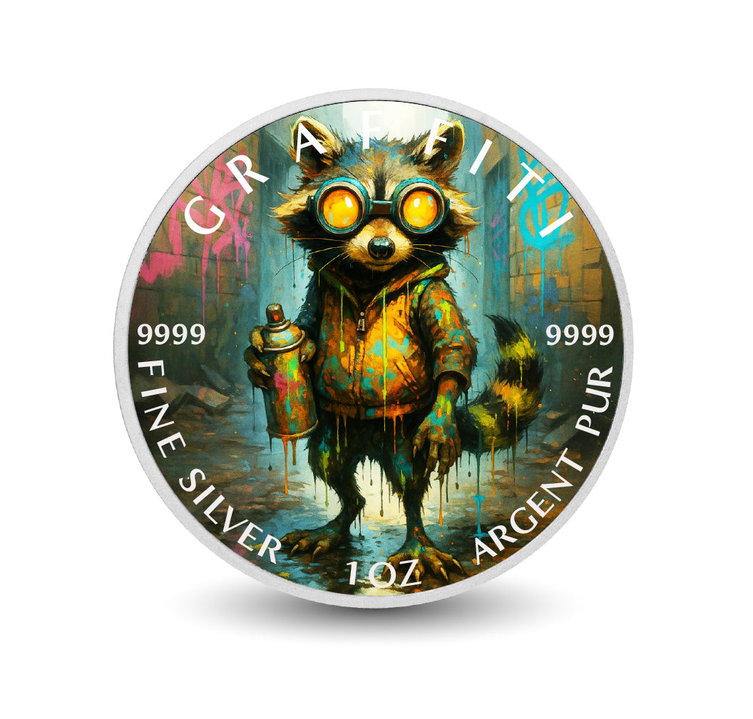 Pièce de monnaie de 1 oz en argent fin coloré « Bandit urbain : le raton laveur du graffiti »