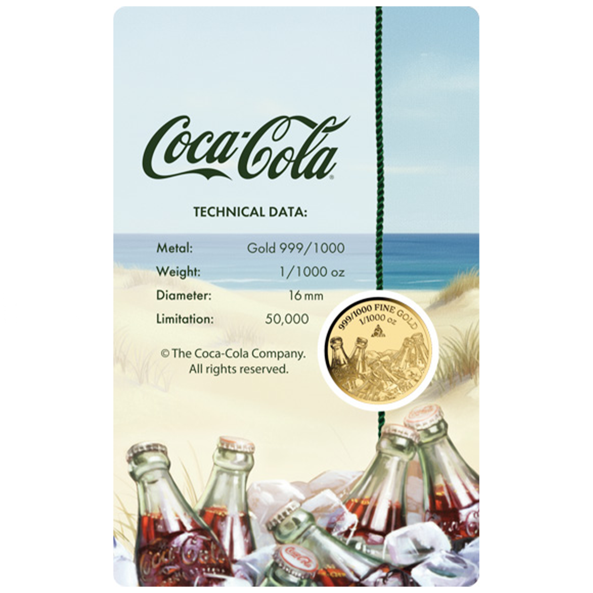 Coca-Cola Vintage Refreshment 999 Fine Gold 1/1000 oz Coin in Card