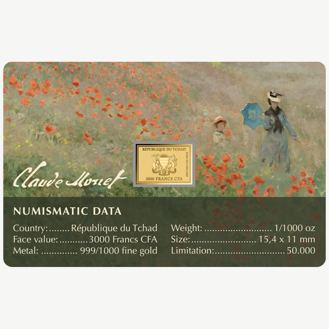 Champ de coquelicots près d’Argenteuil – Claude Monet Pièce en or fin 999 de 1/1000 oz dans une carte