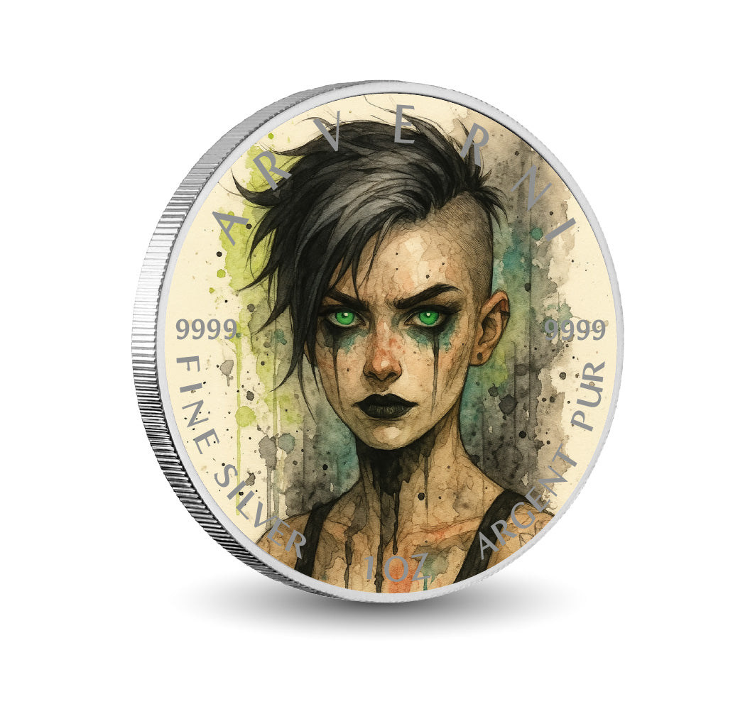Pièce de monnaie de 1 oz en argent fin coloré « Vengeance verdoyante : la flamme émeraude »