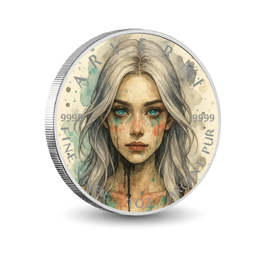 Pièce de monnaie de 1 oz en argent fin coloré « Écho de glace : le séraphin né de l’hiver »