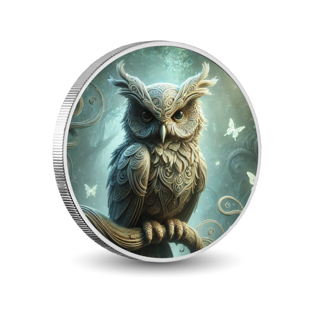 Hibou aux détails raffinés dans une lueur magique, pièce en argent de 1 oz