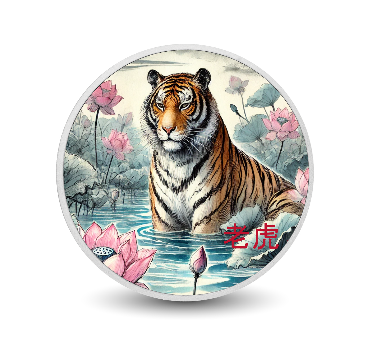 Gardien majestueux des eaux aux lotus 1oz Argent coloré