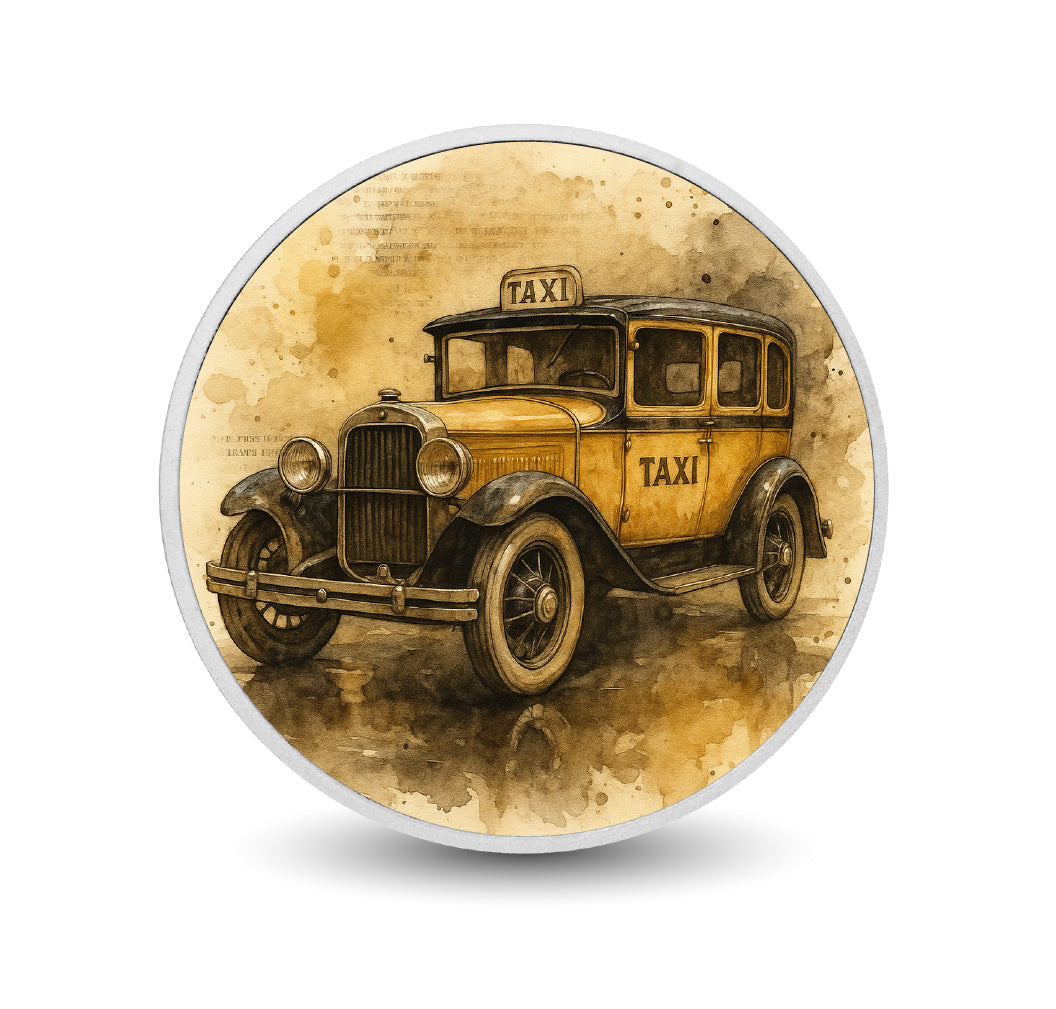 Pièce de monnaie de 1 oz en argent fin 9 coloré « Grêle dorée : un taxi vintage »
