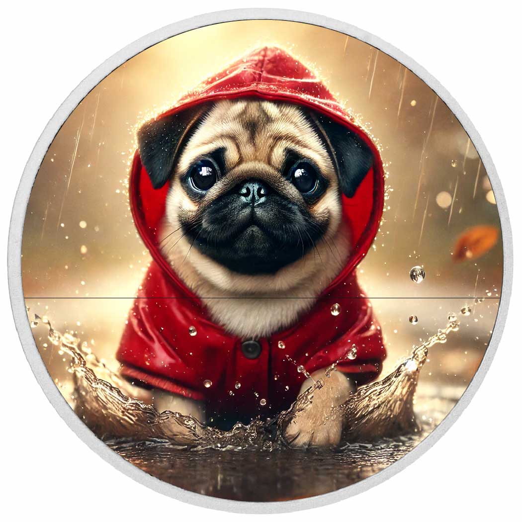 Aventures sous la pluie : le carlin dans une flaque, en rouge, pièce de 1oz
