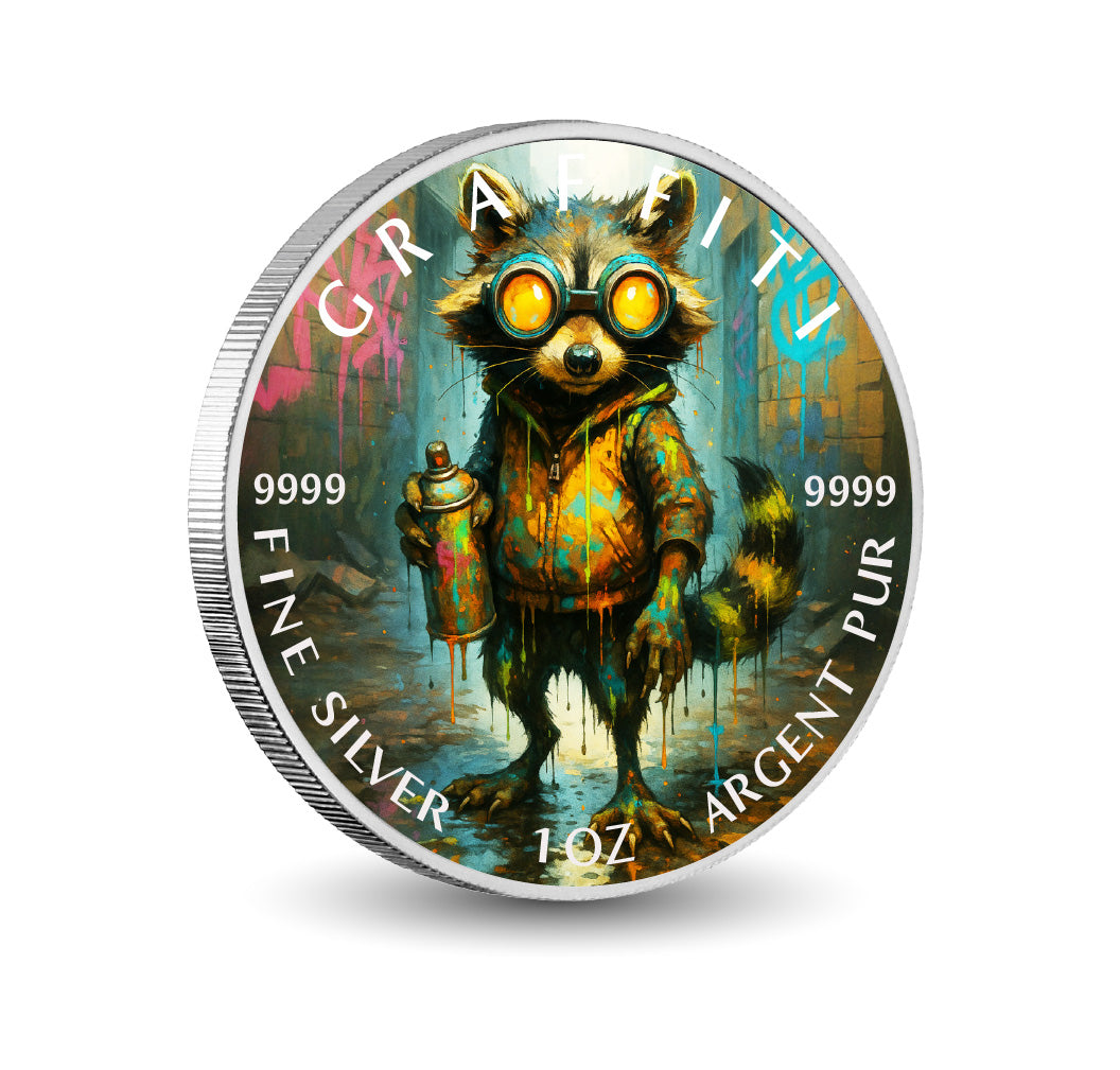 Pièce de monnaie de 1 oz en argent fin coloré « Bandit urbain : le raton laveur du graffiti »