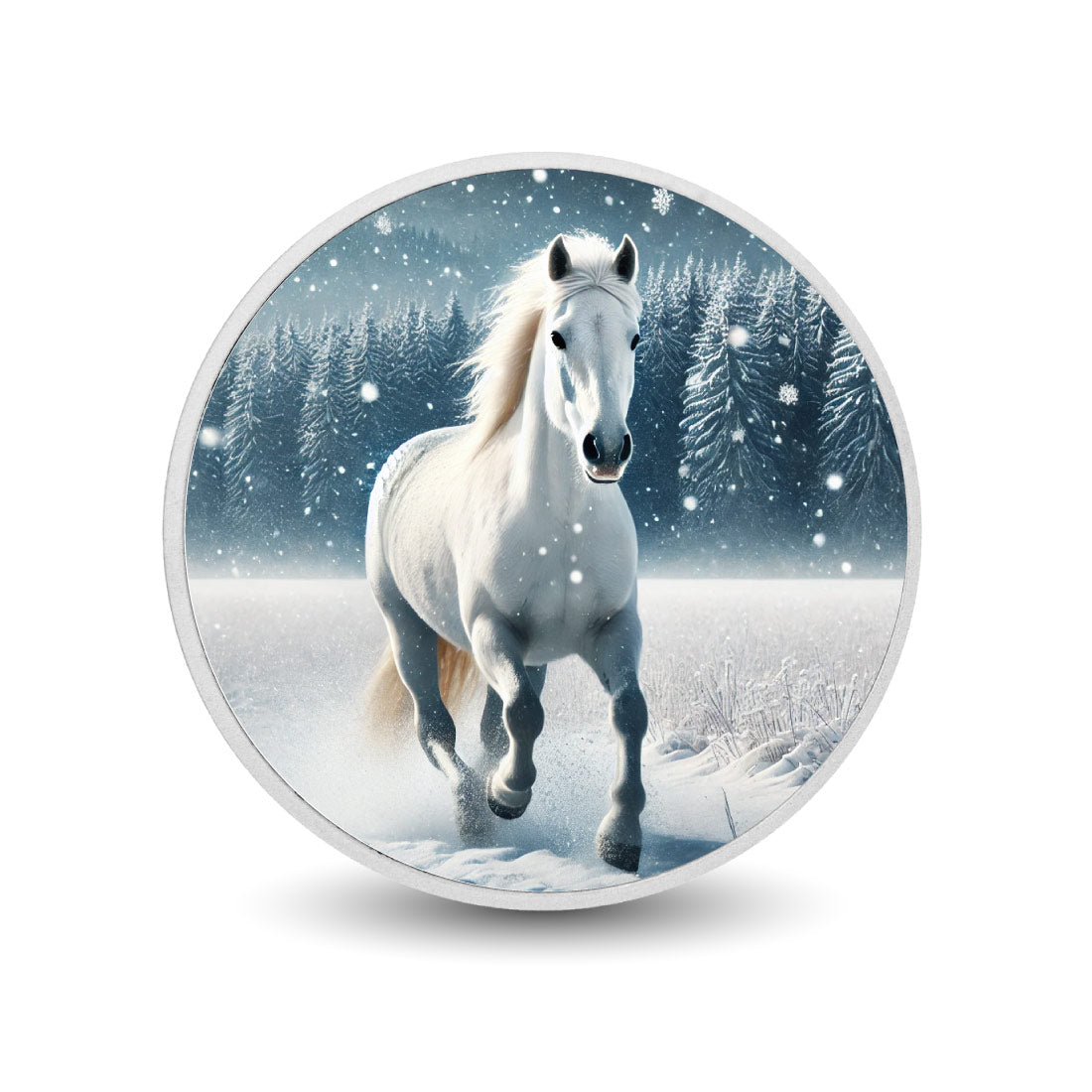 Murmure de l’hiver : l’étalon enneigé, argent fin de 1oz