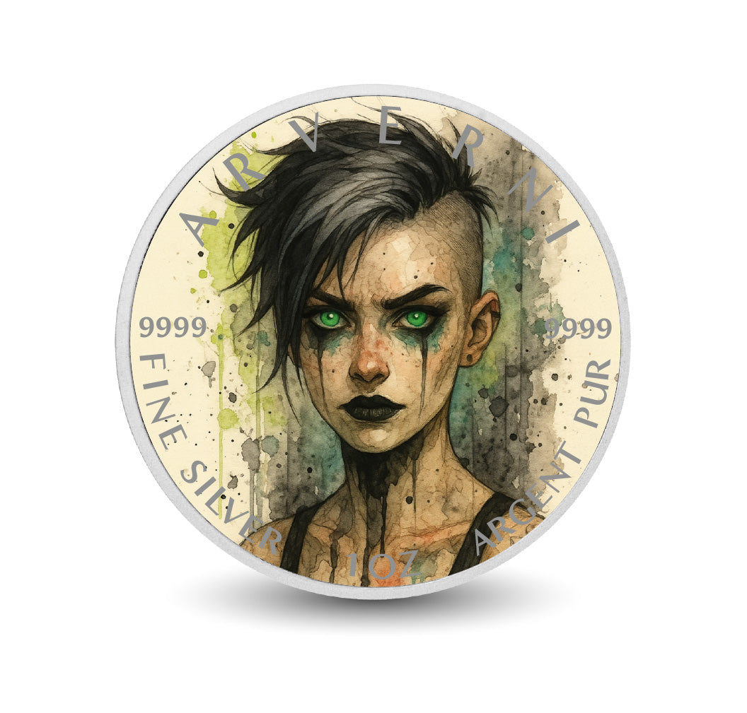 Pièce de monnaie de 1 oz en argent fin coloré « Vengeance verdoyante : la flamme émeraude »