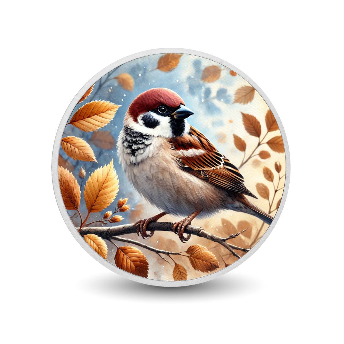 Autumn Whisper: Sparrow Among Golden Leaves 1oz Silver Coin - Arverni Mint