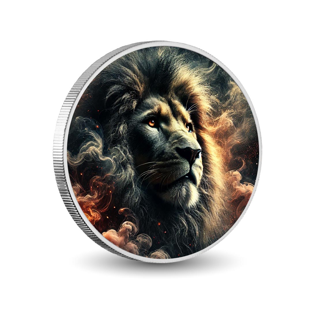 Lion royal dans un tourbillon de braises, pièce colorée en argent de 1oz