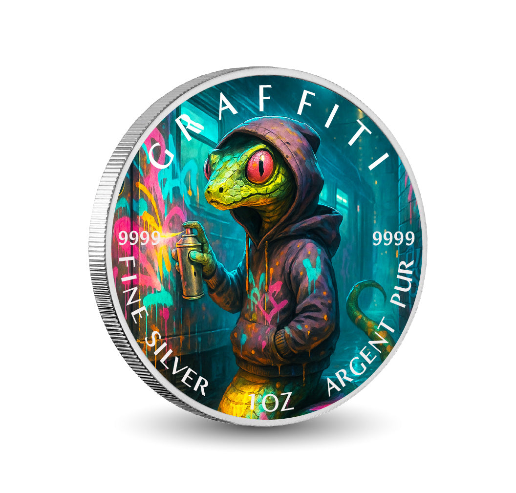 Pièce de monnaie de 1 oz en argent fin coloré « Reptile des ruelles : le maître de la bombe aérosol »