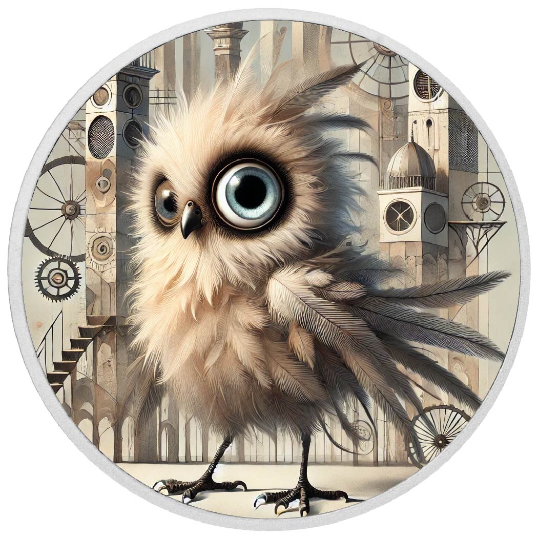 Hibou chrono : gardien des flèches usées par le temps, pièce colorée