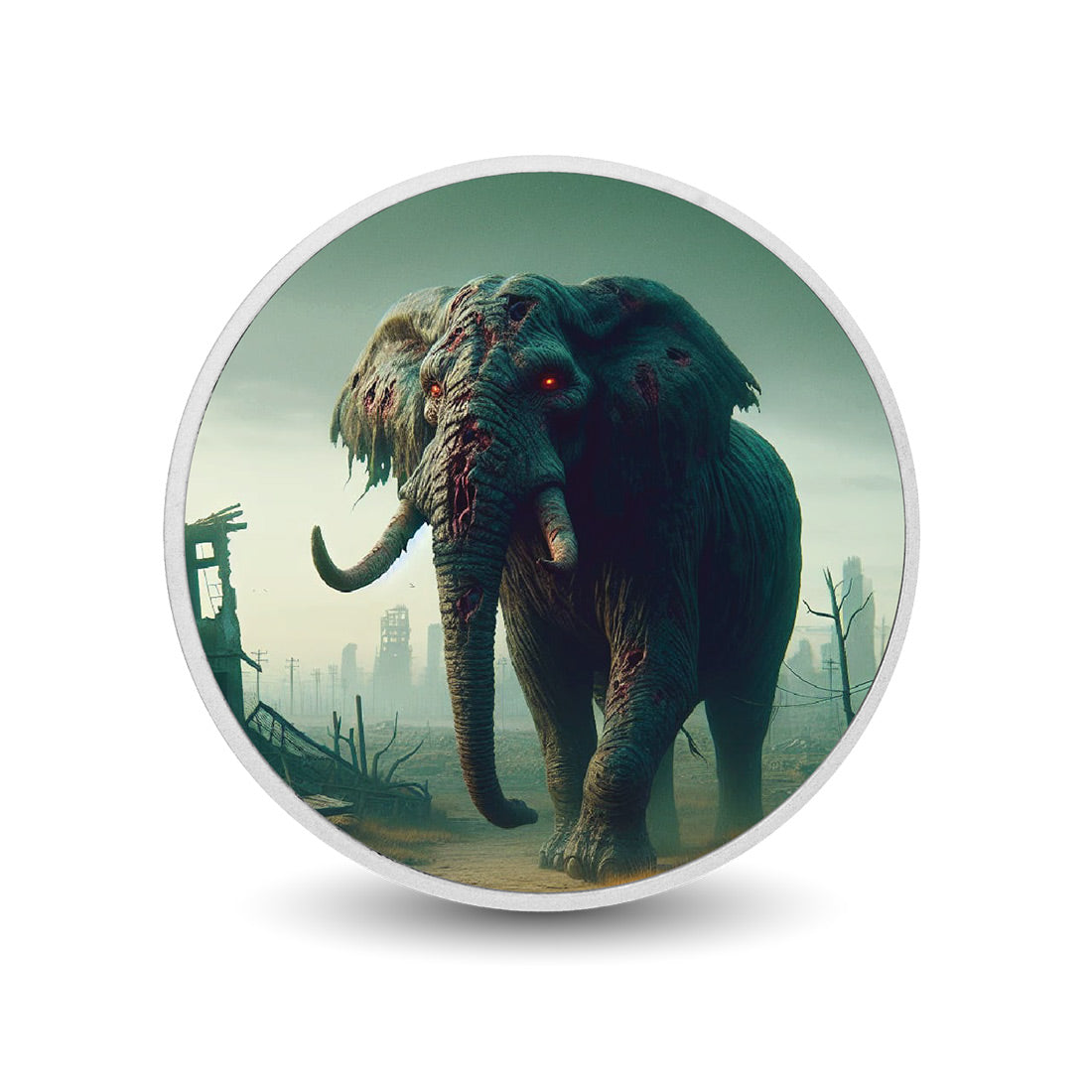 Déclin et ruines : vision postapocalyptique de l’éléphant, pièce colorée en argent de 1 oz