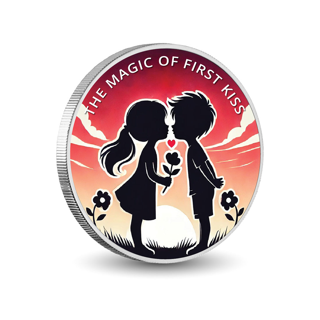 La magie du premier baiser : sérénade au coucher du soleil, pièce colorée en argent de 1oz