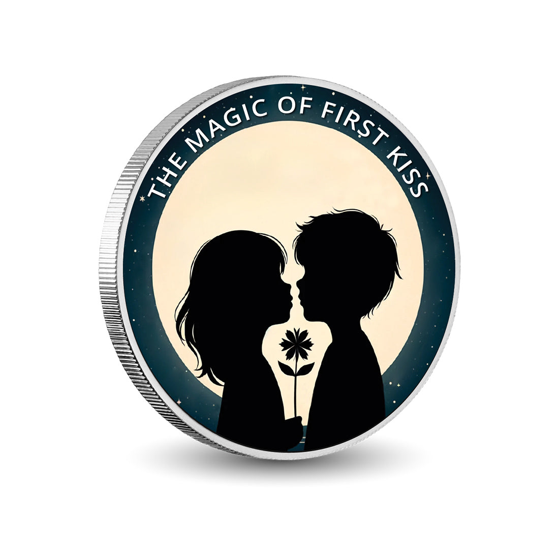 La magie du premier baiser : instants au clair de lune, pièce colorée en argent de 1oz