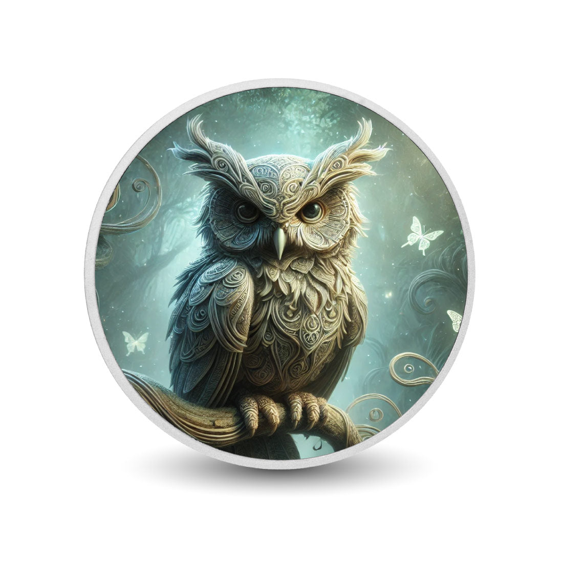 Hibou aux détails raffinés dans une lueur magique, pièce en argent de 1 oz