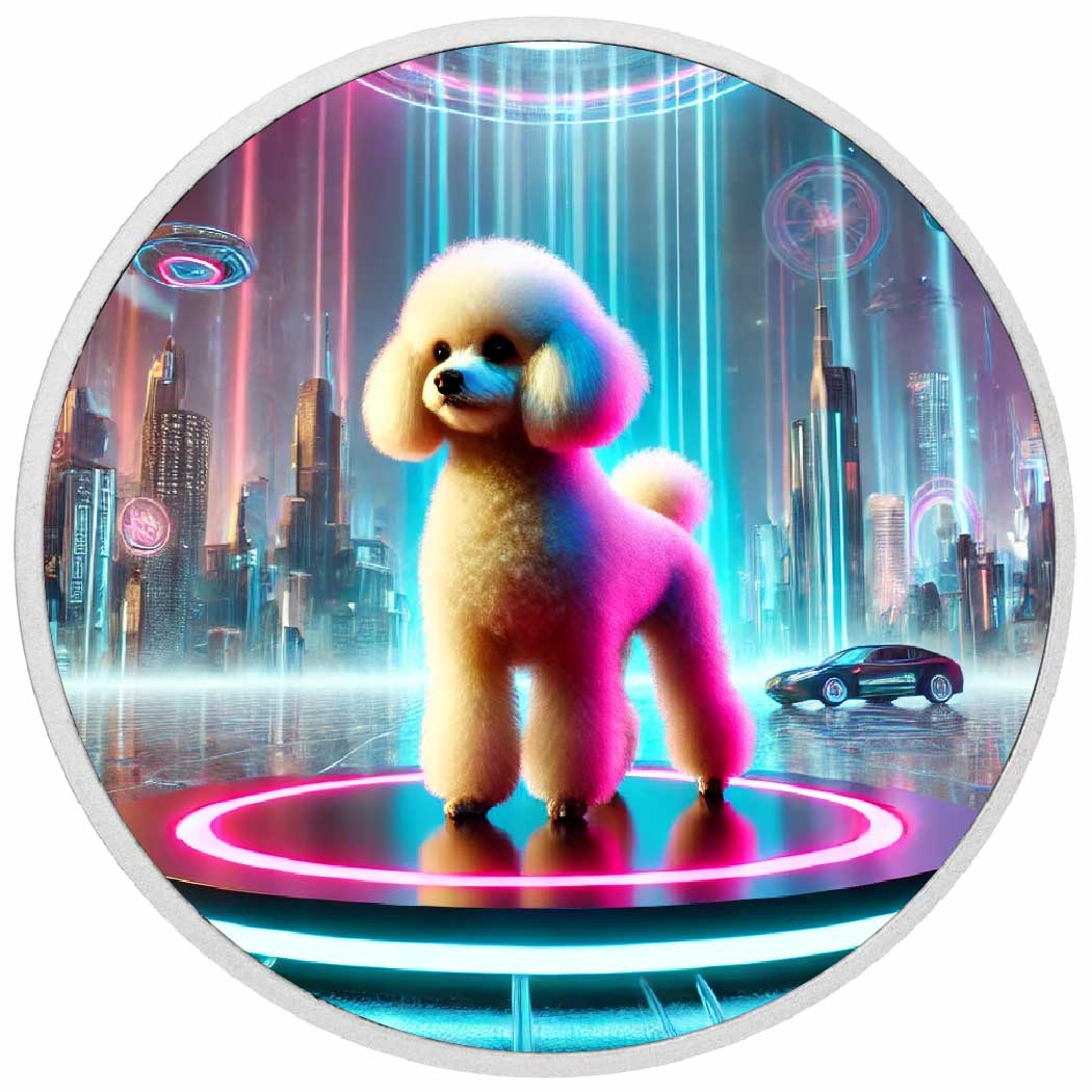 Allure futuriste : le caniche dans un paysage urbain néon, pièce de 1oz