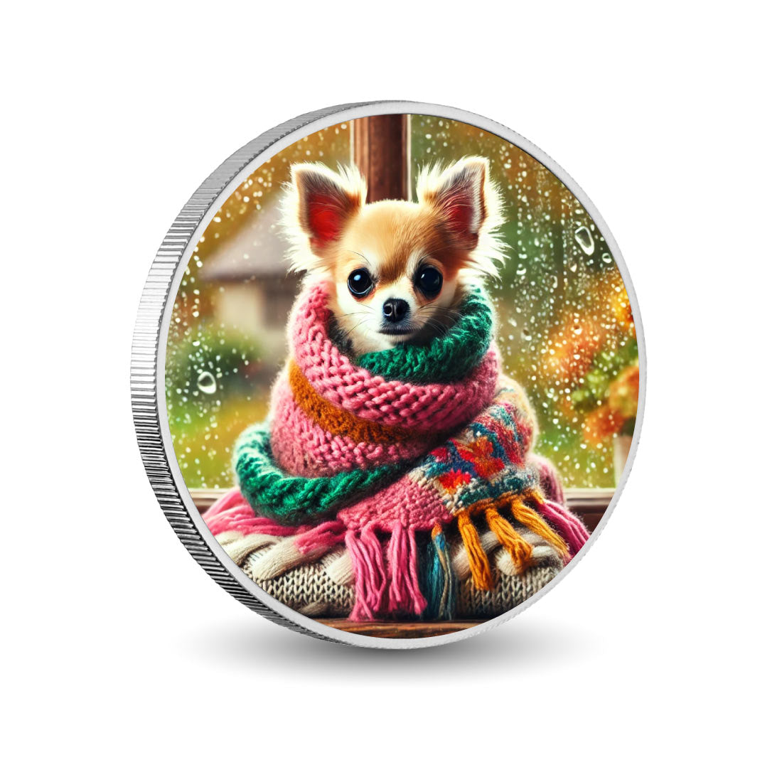 Compagnon douillet : le chihuahua enveloppé de chaleur, pièce de 1oz
