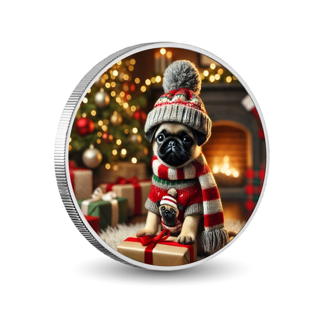 Cozy Christmas Pug 1oz Silver Coloured Coin - Arverni Mint