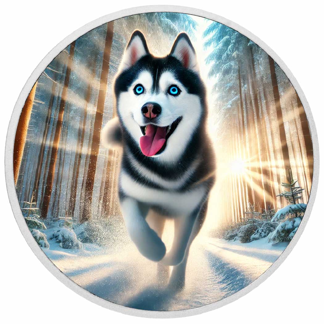 Sprint arctique : la course joyeuse du husky dans l’hiver, pièce de 1oz