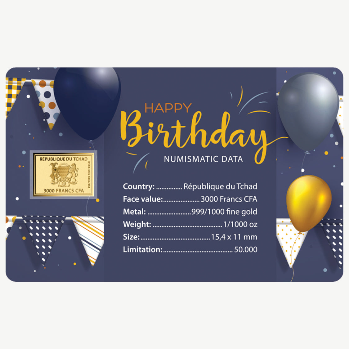 Buon compleanno Moneta in oro fino 999 da 1/1000 oz in confezione con cartoncino