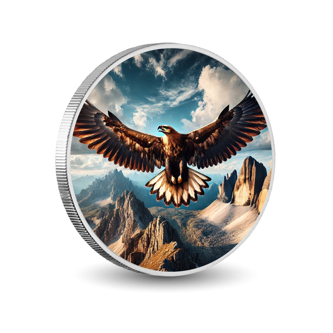 Envol majestueux : l’aigle au-dessus des sommets montagneux, pièce colorée