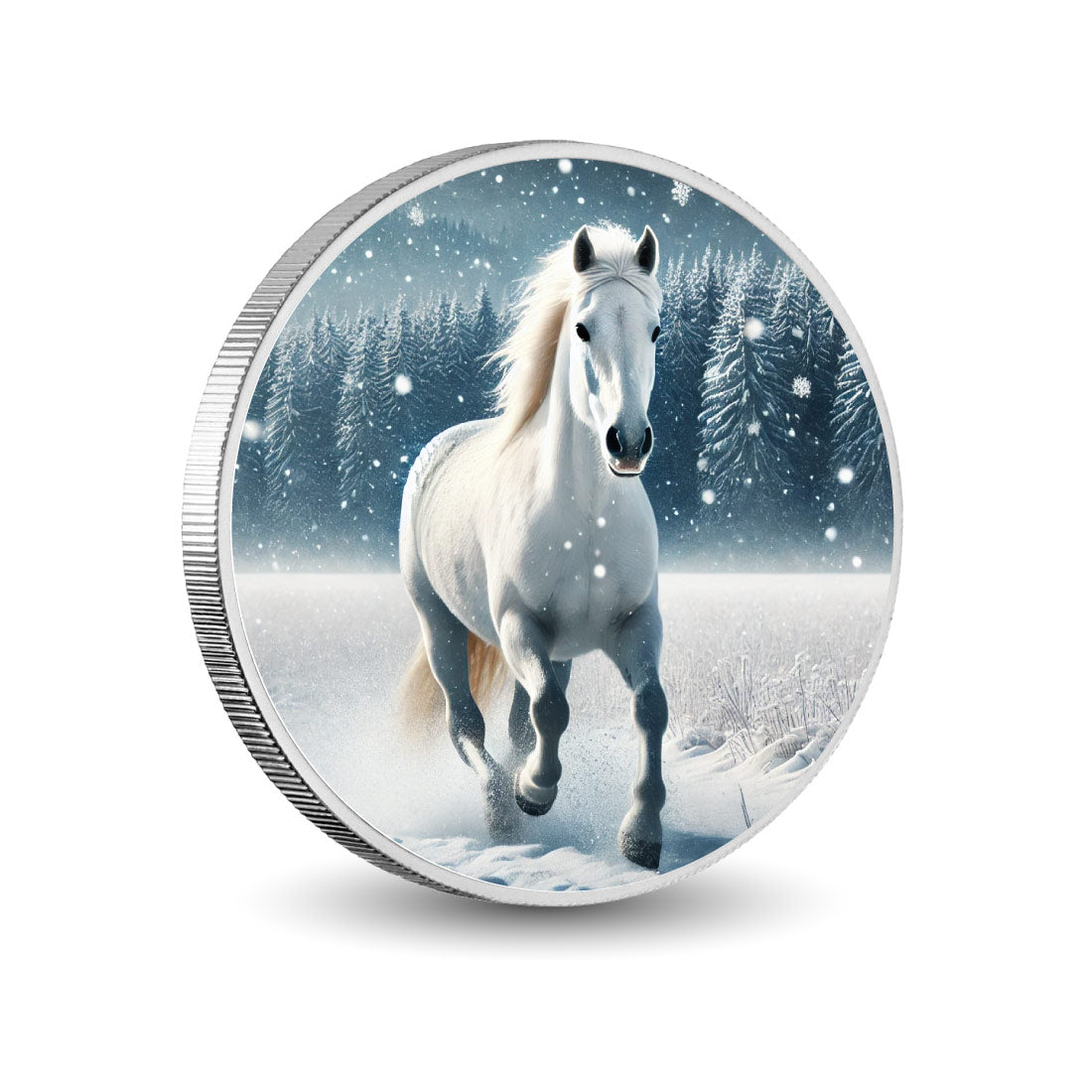 Murmure de l’hiver : l’étalon enneigé, argent fin de 1oz