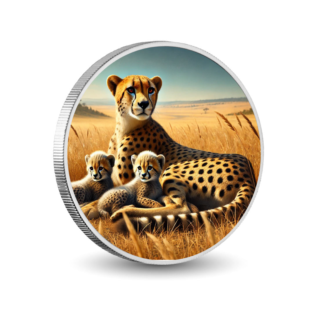 Havre doré : famille de guépards dans la savane, pièce colorée
