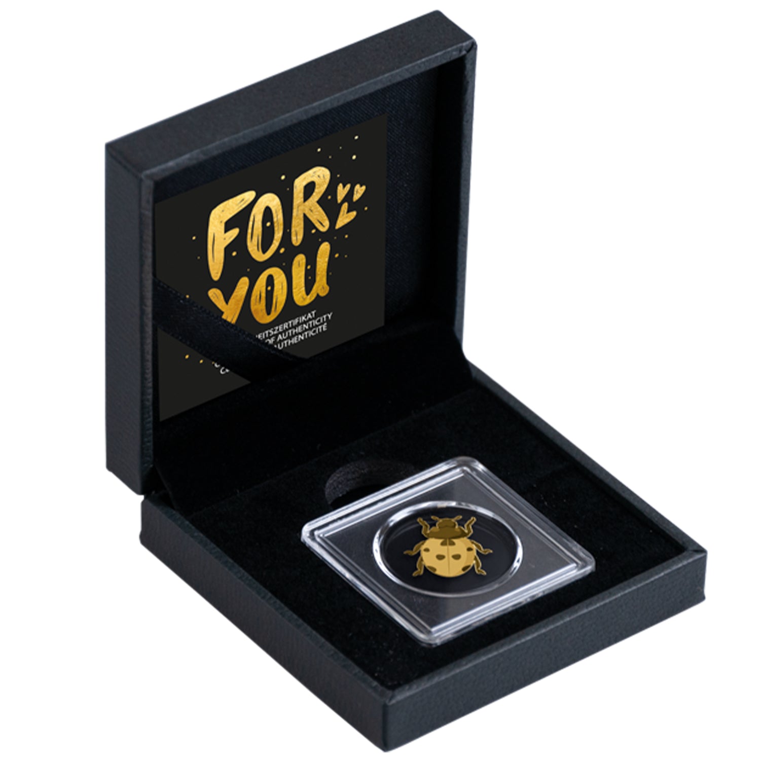 Mariquita de la suerte, moneda de oro fino 999 de 1/1000 oz en caja