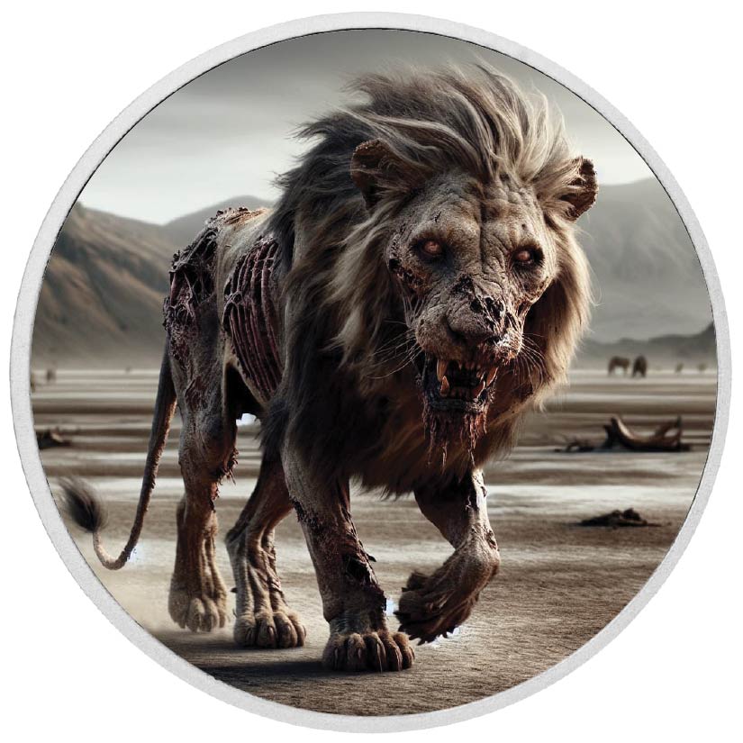Déclin et ruines : pièce colorée en argent de 1 oz « Lion zombie »