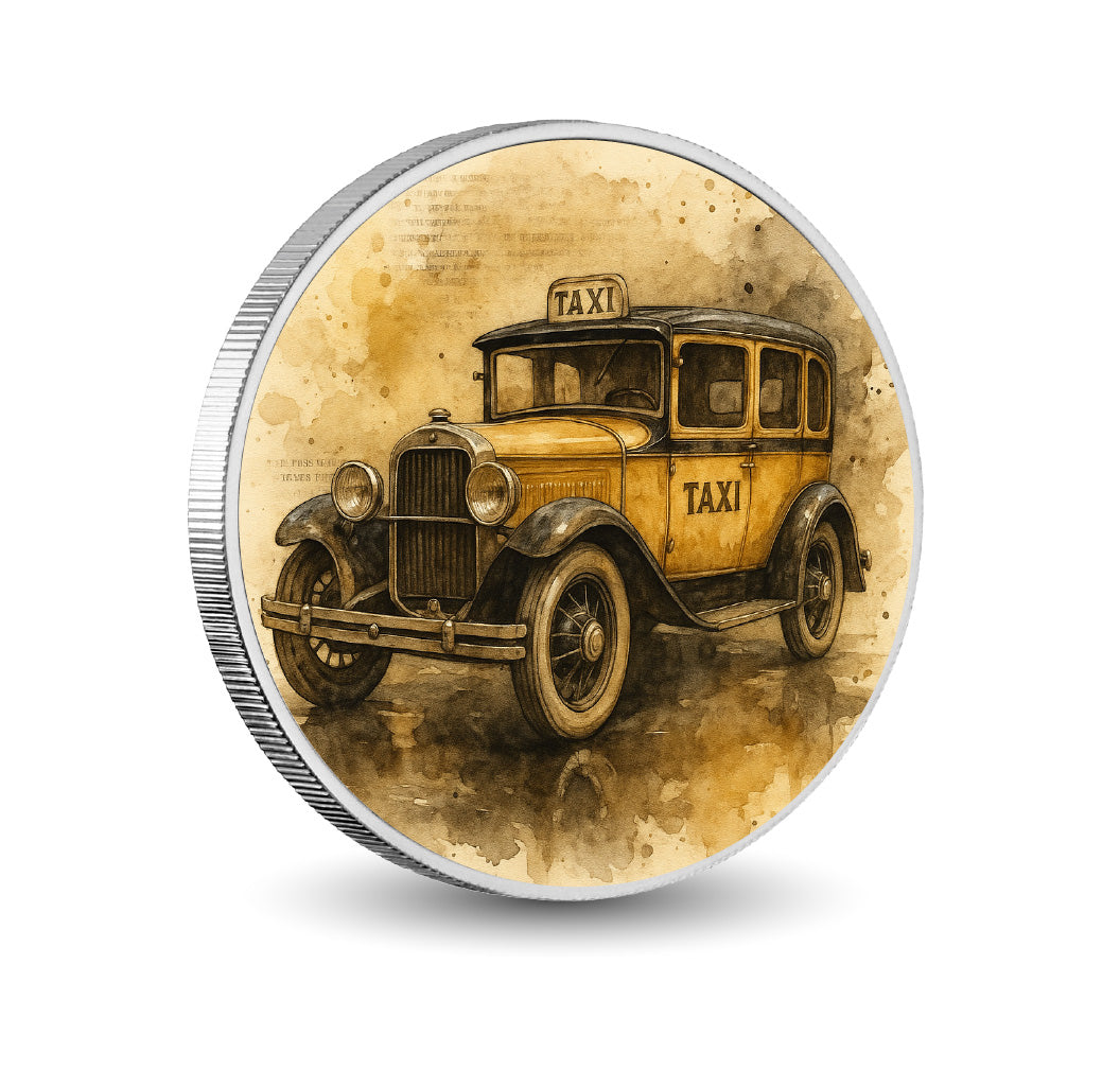 Pièce de monnaie de 1 oz en argent fin 9 coloré « Grêle dorée : un taxi vintage »