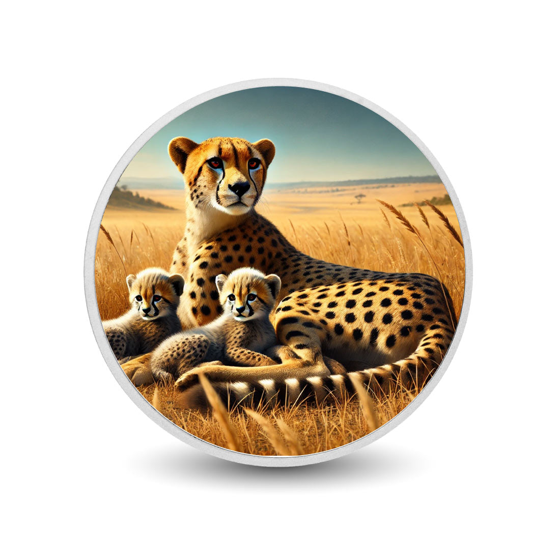 Havre doré : famille de guépards dans la savane, pièce colorée