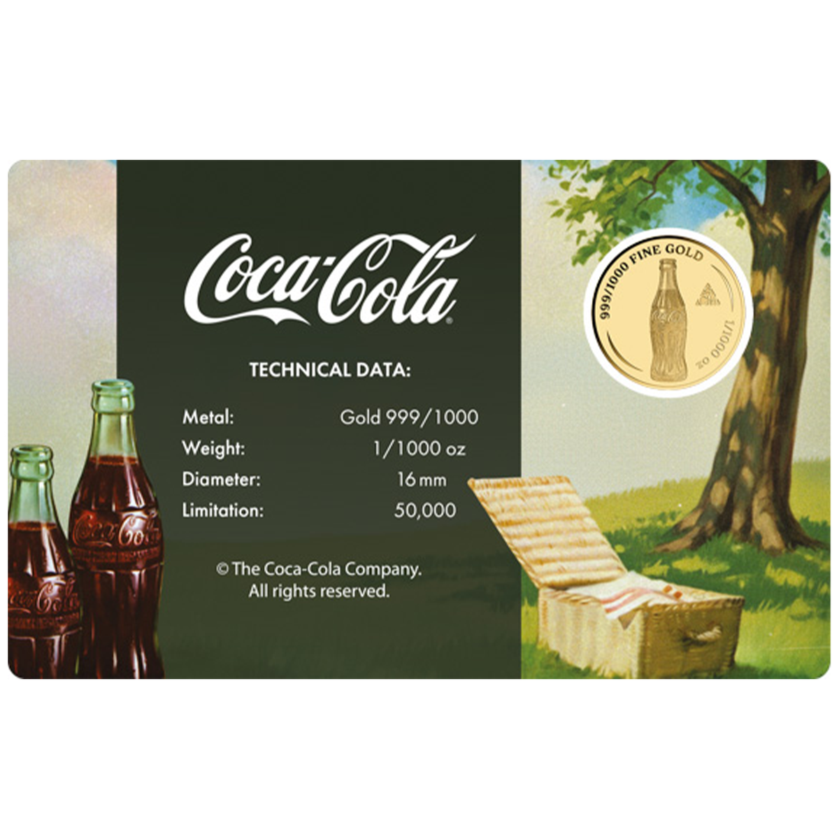 Coca-Cola Picnic Vintage 999 Fine Gold 1/1000 oz Coin in Card