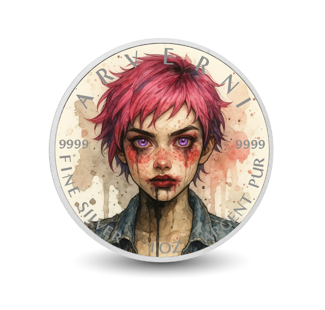 Pièce de monnaie de 1 oz en argent fin coloré « Résolution cramoisie : le rebelle aux yeux violets »